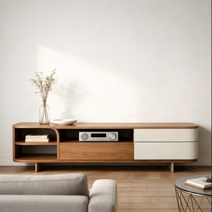 Modern Minimalist Wood TV Stand with Curved Edges, Nordic Media Console with Drawers, Low Profile Entertainment Center for Home