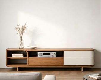 Mueble de TV moderno y minimalista de madera con bordes curvos, consola multimedia nórdica con cajones, centro de entretenimiento de perfil bajo para el hogar.