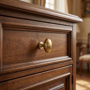 May include: Close-up of a wooden drawer with a brass oval knob. The drawer is part of a larger wooden cabinet, with visible wood grain and a warm brown color. The knob is centered on the drawer, providing a classic and elegant look.