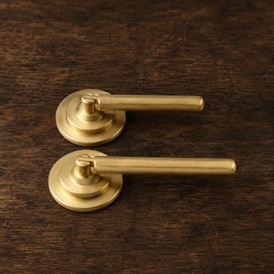 May include: Two brass door handles with a circular base and a cylindrical handle. The handles are a warm gold color and are set against a dark wood background. The design is simple and modern.
