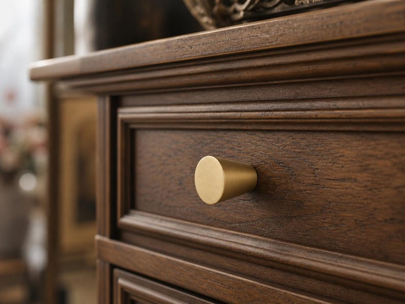 Puede incluir: Primer plano de un caj&oacute;n de madera marr&oacute;n oscuro con un pomo c&oacute;nico de color dorado. El caj&oacute;n tiene un dise&ntilde;o de panel empotrado y forma parte de un mueble m&aacute;s grande. La veta de la madera es visible.