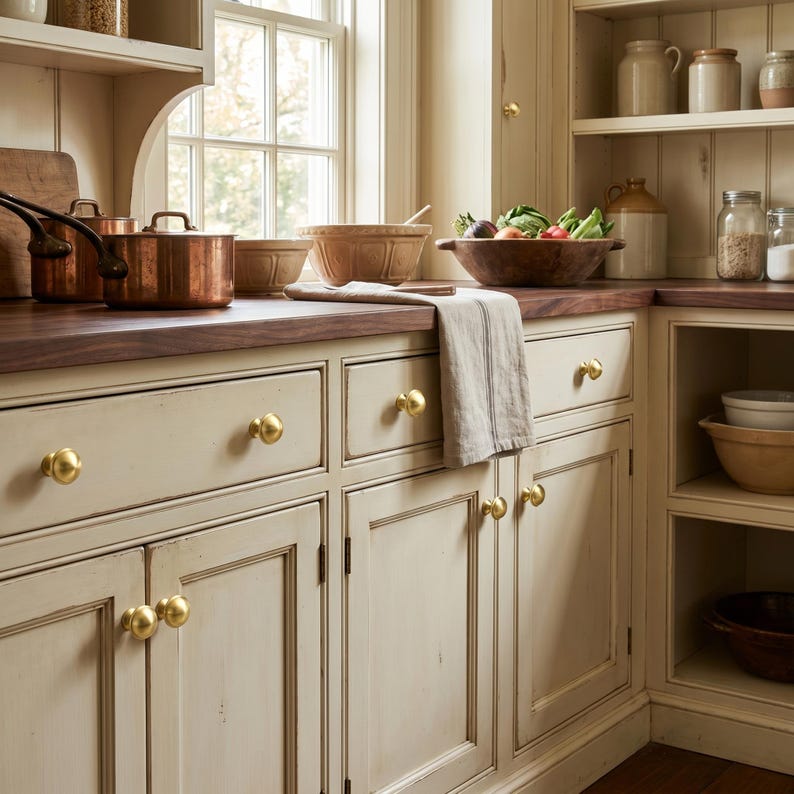 Op de afbeelding: Een keukeninterieur met cr&egrave;mekleurige kasten met gouden knoppen, een donker houten aanrechtblad en koperen kookgerei. Een houten kom bevat verse groenten en een raam zorgt voor natuurlijk licht. De sfeer is rustiek en uitnodigend.