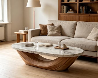 Marble Coffee Table Natural Wood Wavy Base Rectangular Center Table Organic Shape Luxury Tea Table Wabi Sabi Living Room Decor
