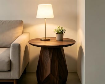 Geometric Walnut Side Table, Modern Round End Table with Faceted Base, Unique Solid Wood Accent Table for Living Room
