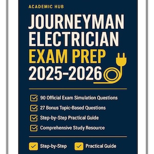 Könnte beinhalten: Ein marineblauer Buchumschlag mit dem Text "JOURNEYMAN ELECTRICIAN EXAM PREP 2025-2026" in Weiß und Gelb. Der Umschlag enthält auch eine Grafik eines Steckers und eine Liste von Funktionen.