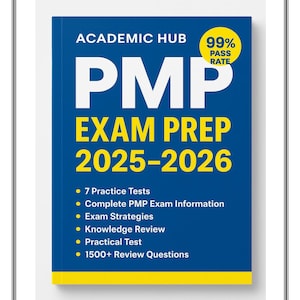 Puede incluir: Un libro azul y amarillo titulado "PMP Exam Prep 2025-2026" con el texto "Academic Hub" y una insignia "99% Pass Rate". La portada del libro enumera características como pruebas de práctica.