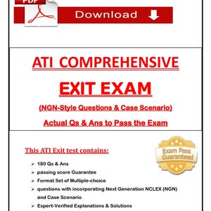 以下が含まれることがあります： 赤色のアクセントが付いた白いドキュメントで、「ATI COMPREHENSIVE EXIT EXAM」と「ダウンロード」の指示が記載されています。このドキュメントには、180の質問と回答、合格保証など、試験に関する詳細が含まれています。