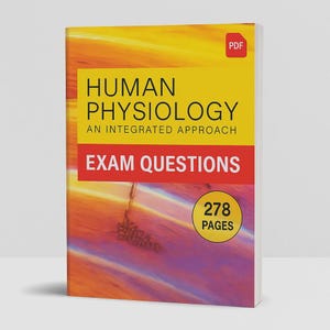 Pode incluir: Um livro didático intitulado "Human Physiology: An Integrated Approach" com "Exam Questions" em texto vermelho. A capa tem um fundo gradiente amarelo e roxo. O livro tem 278 páginas e um ícone PDF.