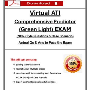 May include: A digital document titled "Virtual ATI Comprehensive Predictor (Green Light) EXAM" with a red "Download" button. The document promises actual questions and answers to pass the exam, including a passing score guarantee and multiple-choice questions.