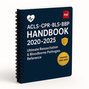 May include: A dark blue handbook with white text and a black spiral binding. The cover features a white heart with a pulse line, the text "ACLS CPR BLS BBP HANDBOOK 2020-2025", and "Ultimate Resuscitation & Bloodborne Pathogen Reference". A red PDF icon and a gold shield are also visible.