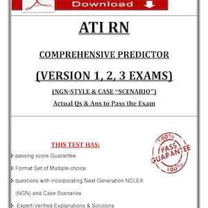 Puede incluir: Documento blanco con el texto "ATI RN COMPREHENSIVE PREDICTOR (VERSION 1, 2, 3 EXAMS)". El documento también incluye el texto "Actual Os & Ans to Pass the Exam" y un sello "100% PASS GUARANTEE".