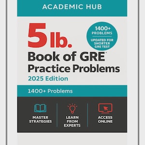 May include: A book cover with the title "Book of GRE Practice Problems 2025 Edition." The cover features the text "5 lb." in red, along with the words "Academic Hub" and "1400+ Problems." Icons for master strategies, learning from experts, and online access are also included.
