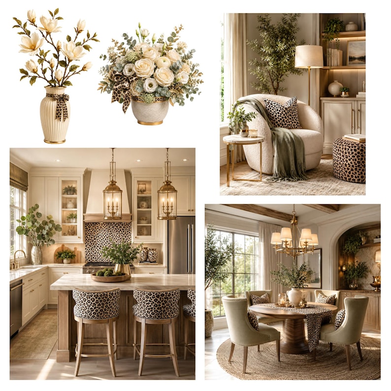 May include: A collection of home decor items featuring leopard print accents, including floral arrangements in vases, a cream-colored armchair with a leopard print pillow, a kitchen with leopard print backsplash, and a dining set with a leopard print runner.