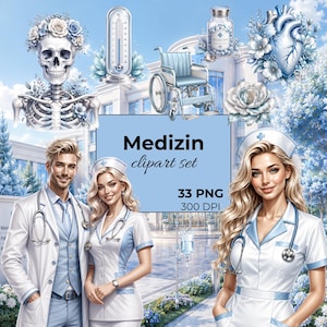 May include: A medical clipart set featuring a skull with flowers, a thermometer, a wheelchair, a medicine bottle, a heart, and medical professionals in white and blue uniforms. The text reads Medizin clipart set 33 PNG 300 DPI.
