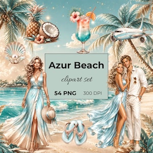 Azure Beach Clipart Set 54 PNG | Summer Vacation Beach Couple Images | Sea Palm Trees Travel Graphics | Free Commercial Use Digital Download
