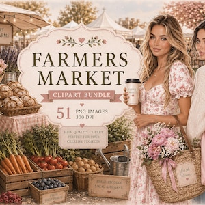 Könnte beinhalten: Digitale Illustration einer Szene auf einem Bauernmarkt. Das Bild zeigt frische Produkte, Backwaren und Blumengestecke. Zwei Frauen sind zu sehen, eine mit einer Kaffeetasse und die andere mit einer Tragetasche. Der Text "Farmers Market Clipart Bundle" ist enthalten.