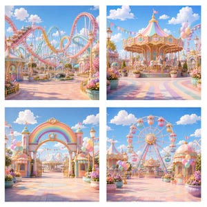 May include: A four-panel collage of an amusement park featuring a pastel-colored roller coaster, a carousel with ornate horses, a large rainbow-colored archway entrance, and a Ferris wheel, all decorated with balloons and floral arrangements.