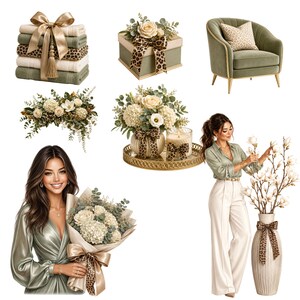 May include: A collection of home decor items including a stack of sage green and leopard print towels with a gold ribbon, a gift box, a sage green armchair, floral arrangements, a candle on a gold tray, and decorative vases with leopard bows.