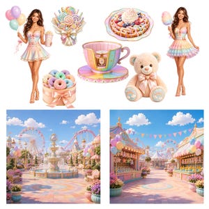May include: A collection of carnival-themed items including a person in a pastel dress with balloons, a lollipop bouquet, a waffle, a teacup, a teddy bear, and two scenes of a pastel-colored amusement park with a fountain, ferris wheel, and game stalls.