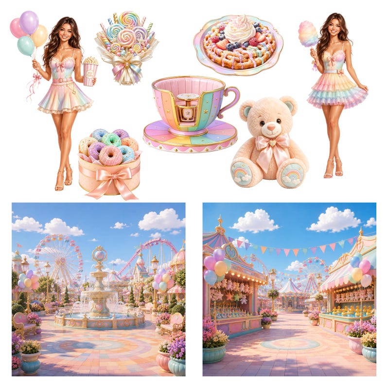 May include: A collection of carnival-themed items including a person in a pastel dress with balloons, a lollipop bouquet, a waffle, a teacup, a teddy bear, and two scenes of a pastel-colored amusement park with a fountain, ferris wheel, and game stalls.