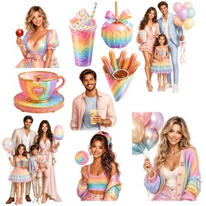 May include: A collection of rainbow-themed items including a pastel dress, a milkshake, a candy apple, churros, a teacup, a family with balloons, a man with a drink, a woman with a lollipop, and a woman in a cardigan holding balloons.