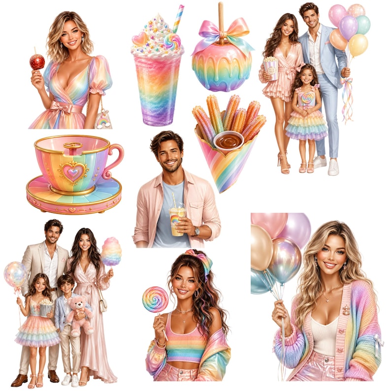 May include: A collection of rainbow-themed items including a pastel dress, a milkshake, a candy apple, churros, a teacup, a family with balloons, a man with a drink, a woman with a lollipop, and a woman in a cardigan holding balloons.