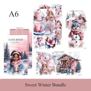 Könnte beinhalten: Ein A6-großes "Sweet Winter Bundle" mit Aquarellillustrationen. Das Bundle enthält Bilder von einem Schneemann, einer Frau mit einer Tasse und Winterszenen. Der Text "Sweet Winter" und "saving challenge" sind sichtbar.