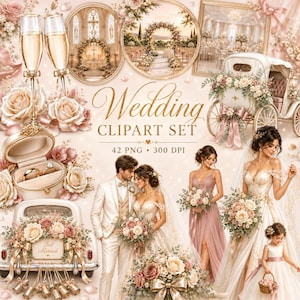 Puede incluir: Un conjunto de imágenes prediseñadas de boda con copas de champán, un joyero con anillos, un carruaje, un coche con el texto Just Married, una pareja, una dama de honor y una niña de las flores, decorados con rosas de color rosa pálido.
