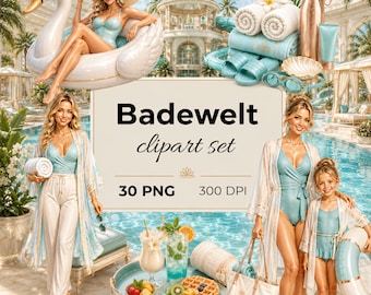 Water World Clipart Set of 30 PNGs | Swimming Pool Images | Water Park Spa Holiday Graphics | Family Summer | Free Commercial Use Download