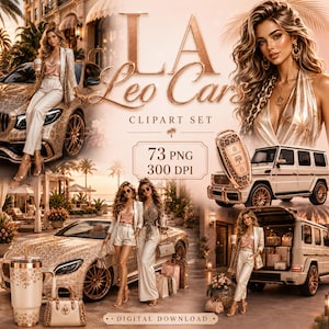 May include: A digital clipart set titled LA Leo Cars featuring 73 PNG files at 300 DPI. The collection includes images of people in leopard print outfits, luxury cars with leopard patterns, a leopard print key fob, and a tumbler with a palm tree design.