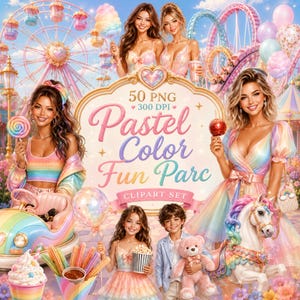 May include: A digital clipart set featuring 50 PNG files with a pastel amusement park theme. The image displays people in colorful outfits, a Ferris wheel, roller coaster, carousel horse, cotton candy, churros, and a teddy bear with text.