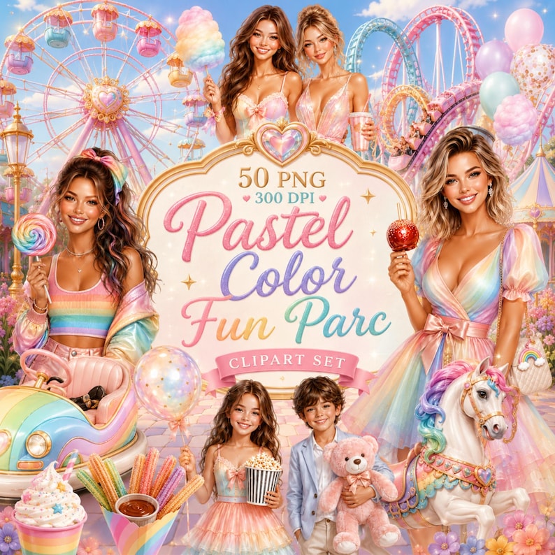 May include: A digital clipart set featuring 50 PNG files with a pastel amusement park theme. The image displays people in colorful outfits, a Ferris wheel, roller coaster, carousel horse, cotton candy, churros, and a teddy bear with text.