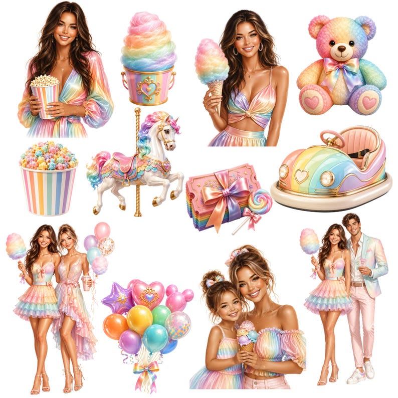 May include: A collection of carnival-themed illustrations featuring people in rainbow clothing, a carousel horse, a pastel teddy bear, bumper cars, cotton candy, popcorn, balloons, and gift boxes, all rendered in a vibrant, multi-colored aesthetic.
