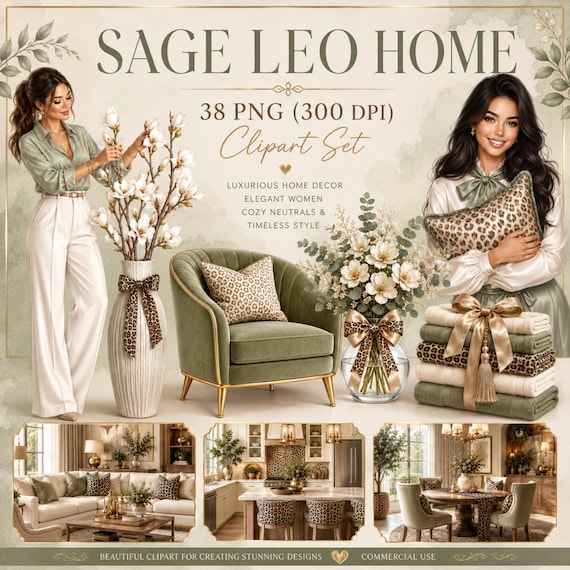 Sage Leo Home Clipart PNG Luxury Interior Design, 300 DPI High Res, Salbei Grün Beige Gold Leopard, Wohnzimmer Küche, Kommerzielle Nutzung