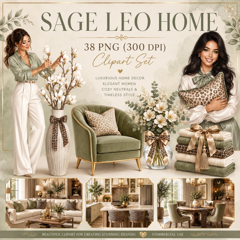 May include: A digital clipart set titled SAGE LEO HOME featuring 38 PNG files. The collection includes illustrations of a person in a sage blouse and white trousers, a green armchair with a leopard print pillow, floral arrangements, and stacked towels.
