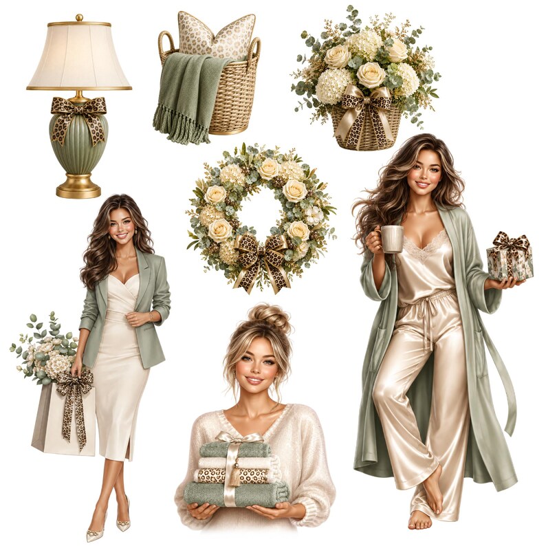 May include: A collection of home decor and apparel items featuring sage green and leopard print accents. Includes a table lamp, a basket with a throw, a floral arrangement, a wreath, a blazer with a dress, a stack of towels, and loungewear.