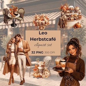 Könnte beinhalten: Ein digitales Clipart-Set mit dem Titel Leo Herbstcafé 32 PNG 300 DPI mit herbstlichen Café-Illustrationen, darunter ein Paar in beigen Mänteln, eine Barista mit einem Tablett, Gebäck, Kürbisse und Akzente mit Leopardenmuster.