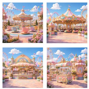 May include: A four-panel collage of an amusement park featuring a pastel-colored teacup ride, a carousel with small vehicles, a rainbow-themed snack stand with cotton candy, and an ice cream cart with striped umbrellas under a bright blue sky.