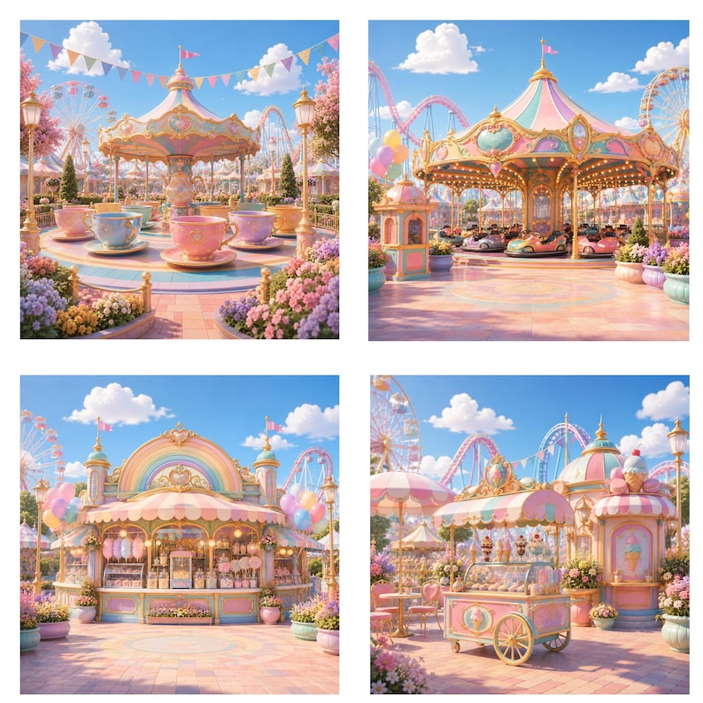 May include: A four-panel collage of an amusement park featuring a pastel-colored teacup ride, a carousel with small vehicles, a rainbow-themed snack stand with cotton candy, and an ice cream cart with striped umbrellas under a bright blue sky.
