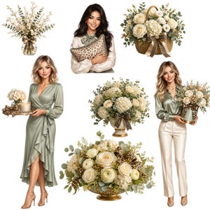 May include: A collection of floral arrangements featuring white roses, hydrangeas, and eucalyptus greenery, accented with leopard print bows. The set includes various vases, a woven basket, and images of individuals wearing sage green attire.