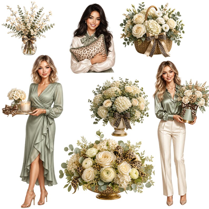 May include: A collection of floral arrangements featuring white roses, hydrangeas, and eucalyptus greenery, accented with leopard print bows. The set includes various vases, a woven basket, and images of individuals wearing sage green attire.