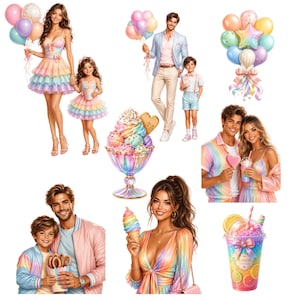 May include: A collection of illustrations featuring people in pastel rainbow clothing, a sundae in a glass, a cup with a straw, and balloon clusters. The figures include adults and children, some holding treats or balloons, with a vibrant color palette.