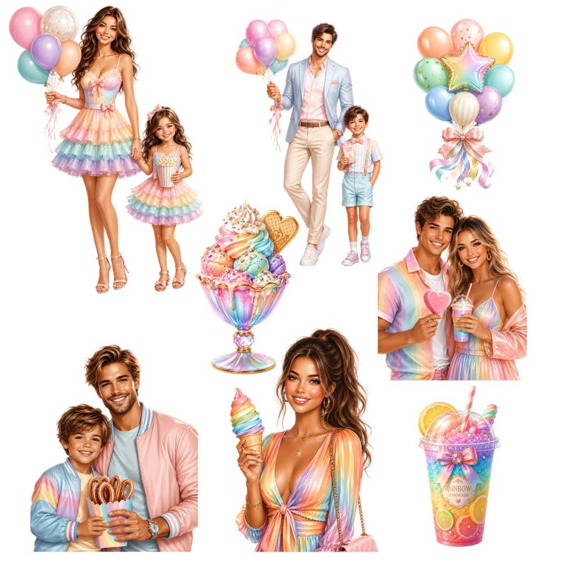 May include: A collection of illustrations featuring people in pastel rainbow clothing, a sundae in a glass, a cup with a straw, and balloon clusters. The figures include adults and children, some holding treats or balloons, with a vibrant color palette.