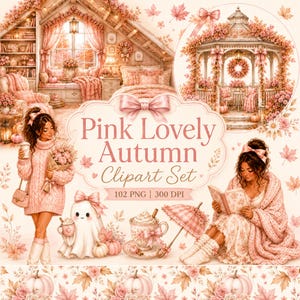 Op de afbeelding: Een digitale clipartset getiteld Pink Lovely Autumn met illustraties van een gezellige slaapkamer, een tuinhuisje, een persoon in een trui met bloemen, een geest met een strik, een theekopje, een paraplu en pompoenen in roze tinten.