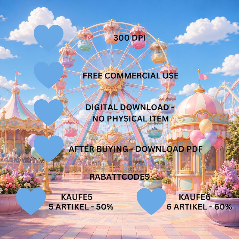 May include: A digital download featuring a pastel-colored amusement park with a large Ferris wheel, a carousel, and balloon stands under a blue sky. Text includes 300 DPI, FREE COMMERCIAL USE, DIGITAL DOWNLOAD - NO PHYSICAL ITEM, AFTER BUYING - DOWNLOAD PDF, RABATTCODES, KAUFE5 5 ARTIKEL - 50%, and KAUFE6 6 ARTIKEL - 60%.