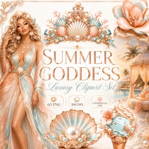 Puede incluir: Un conjunto gráfico digital titulado Summer Goddess que presenta una figura rubia con un vestido fluido color melocotón y azul, una tiara de conchas, una flor grande, una concha con perlas y un helado, en tonos dorados, melocotón y azul.