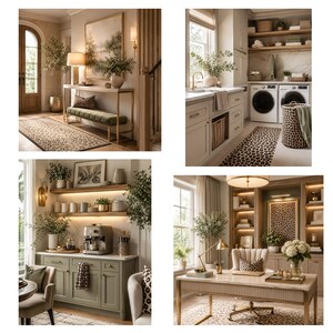 May include: A collection of interior spaces featuring leopard print accents, including a runner rug, a laundry hamper, a kitchen towel, a throw pillow, and framed wall art, integrated into various rooms with neutral tones and wooden furniture.