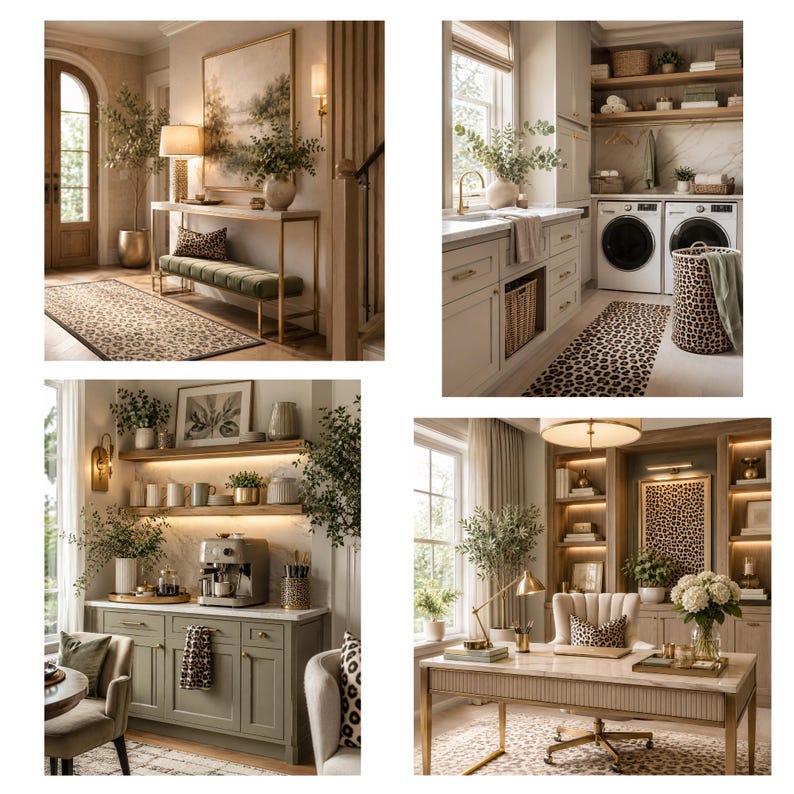 May include: A collection of interior spaces featuring leopard print accents, including a runner rug, a laundry hamper, a kitchen towel, a throw pillow, and framed wall art, integrated into various rooms with neutral tones and wooden furniture.