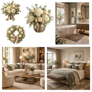 May include: A collection of floral arrangements featuring white hydrangeas, cream roses, and eucalyptus greenery. Items include a bouquet, a circular wreath, and a vase, all accented with gold and leopard print ribbons, displayed in home settings.