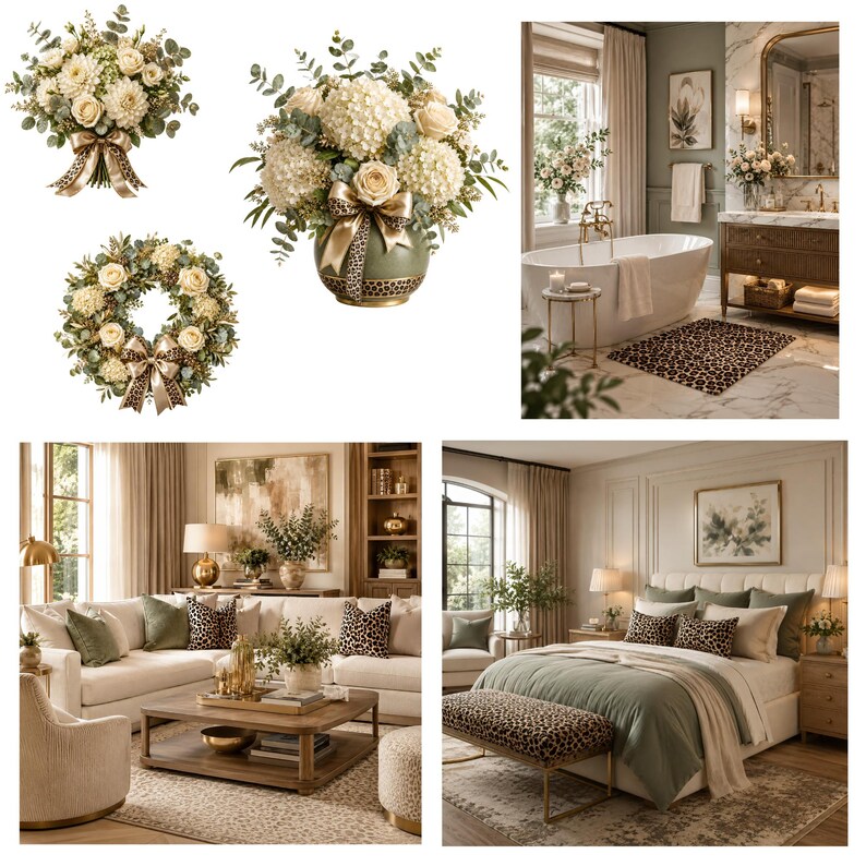 May include: A collection of floral arrangements featuring white hydrangeas, cream roses, and eucalyptus greenery. Items include a bouquet, a circular wreath, and a vase, all accented with gold and leopard print ribbons, displayed in home settings.
